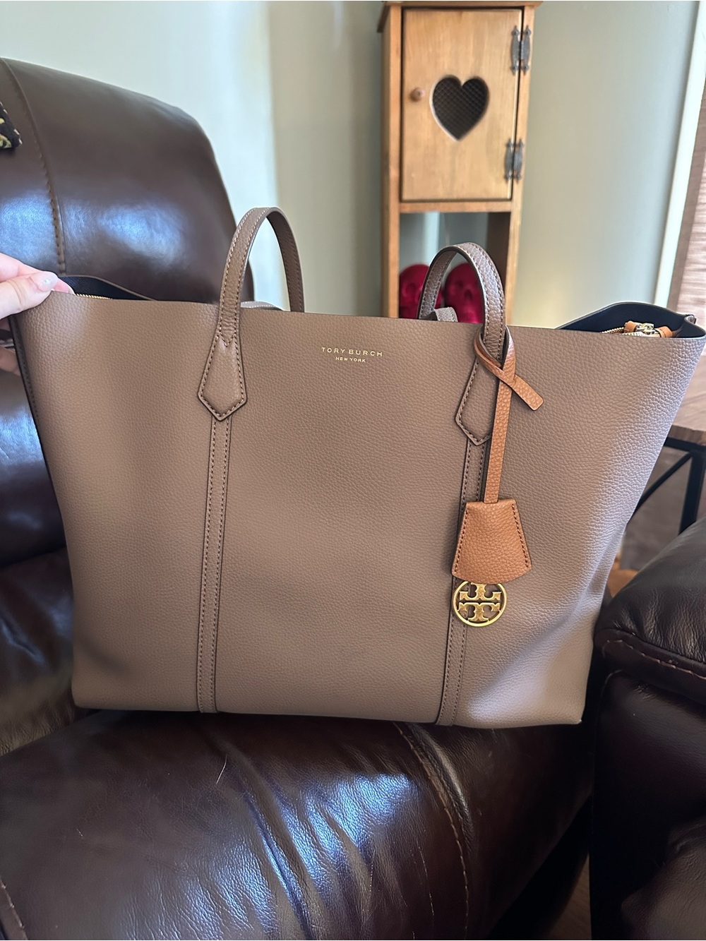 Tory Burch Taupe Pebbled Leather Tote with Gold Charm